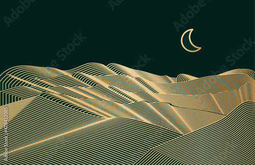 Minimalist Golden Moon Over Line Art Landscape