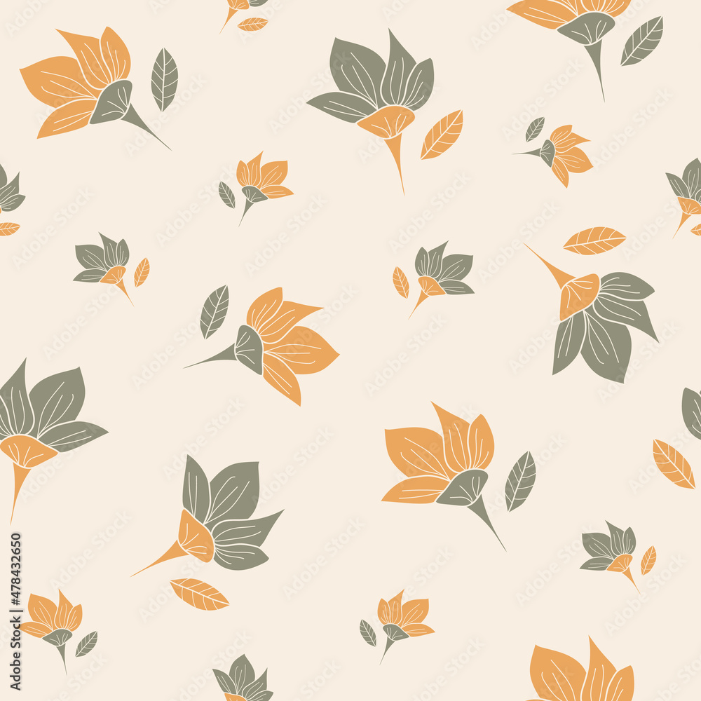 Illustration vector seamless repeat pattern of big and little yellow green flowers. Perfect for vintage fabric, wallpaper, scrapbooking projects. Surface pattern design.