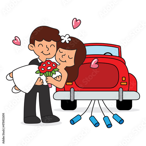 Newlywed couple is going to  driving a vintage car for their honeymoon.
