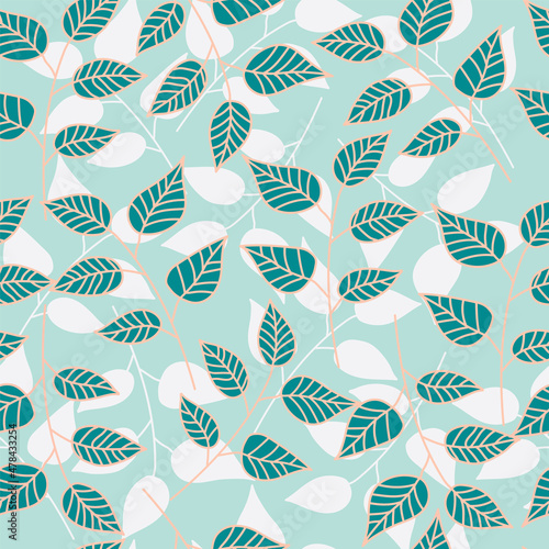 Illustration vector seamless repeat pattern of leaves and silhouette on green background. Great for retro and vintage fabric, wallpaper, scrapbooking projects. Surface pattern design.