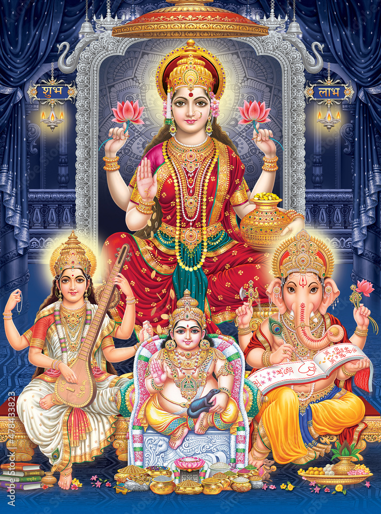 Lord Laxmi, Lord Ganesha, Lord Saraswati And Lord Kuber, giver of wealth  with colorful background wallpaper , Diwali Pooja poster Stock Illustration  | Adobe Stock