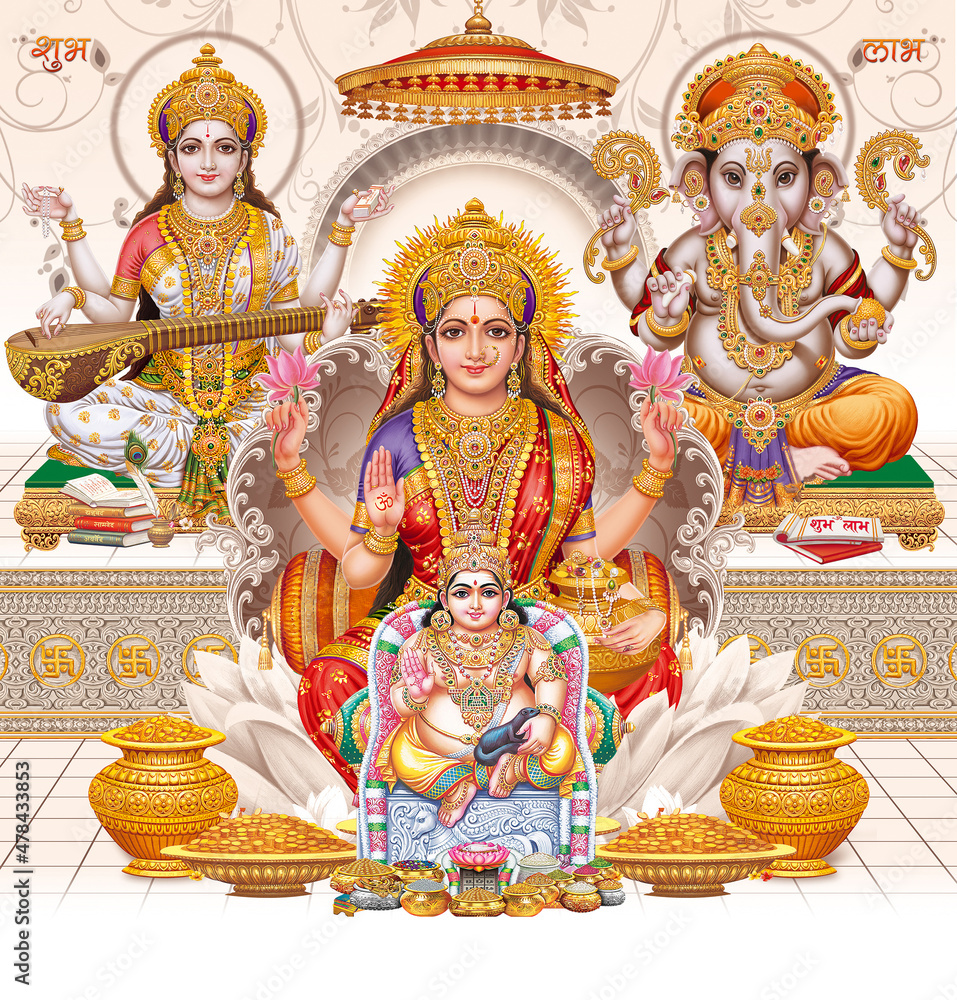 Lord Laxmi, Lord Ganesha, Lord Saraswati And Lord Kuber, giver of wealth  with colorful background wallpaper , Diwali Pooja poster Stock Illustration  | Adobe Stock