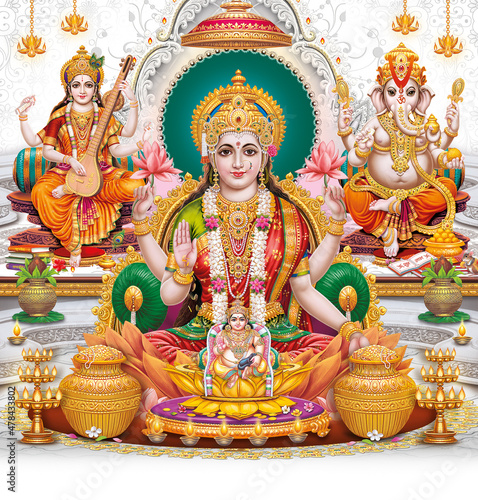 Lord Laxmi, Lord Ganesha, Lord Saraswati And Lord Kuber, giver of wealth with colorful background wallpaper , Diwali Pooja poster  photo