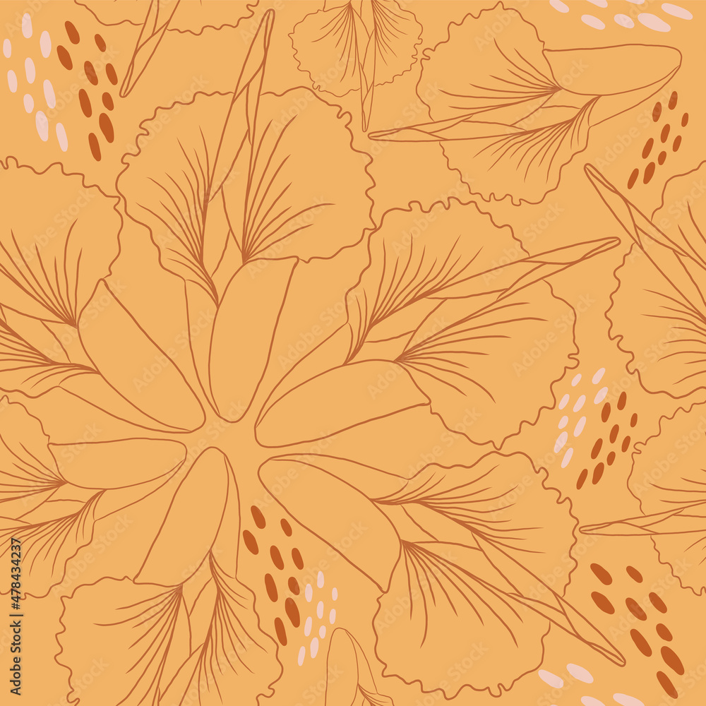 Fototapeta premium Illustration vector seamless repeat pattern of line art rafflesia flowers bud with polka dot ornaments. Perfect for retro and vintage fabric, wallpaper, scrapbooking projects. Surface pattern design.