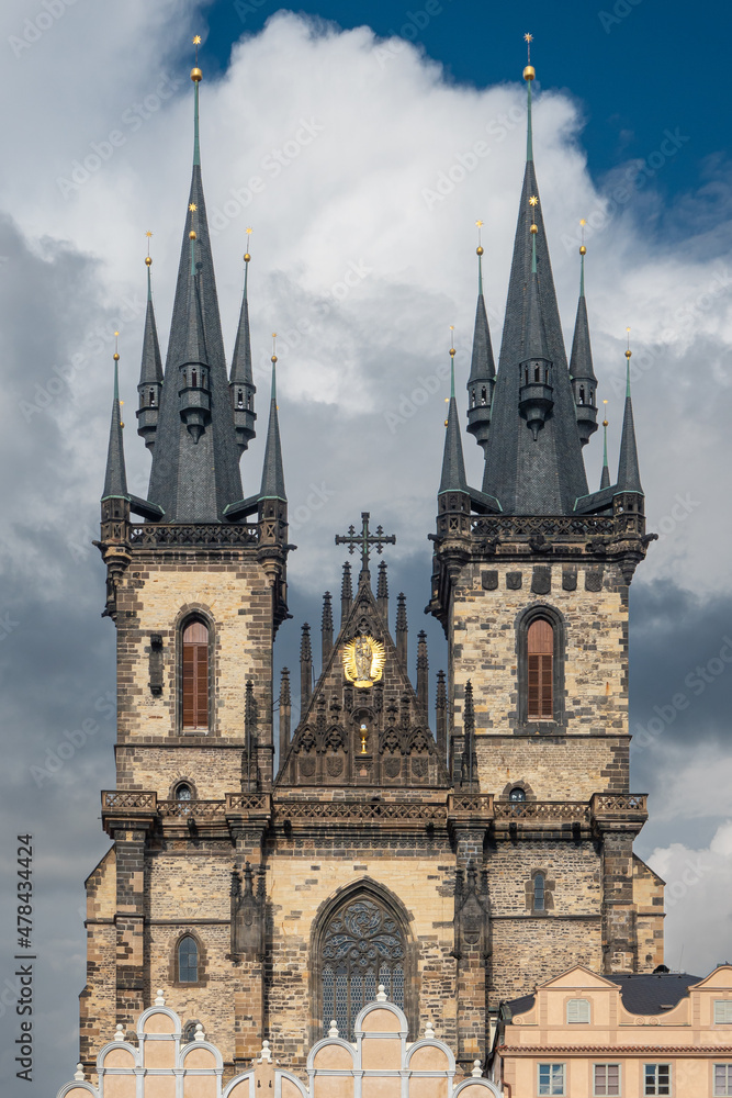 Travel to Czech Republic. Tyn Church spectacular building in Prague in a beautiful summer day, in the Old Town Square. Landmarks of Prague.