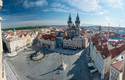 Prague, Czech Republic 2021: View over the Old Town Square during a beautiful summer day with only few peoples. Traveling during COVID-19 pandemic. Beautiful landmark of Prague.