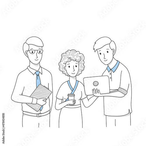 Doodle business people team, businessmen with laptop or clip board and woman holding coffee cup discuss working issues, corporate employees teamwork, manager group in office Linear vector illustration