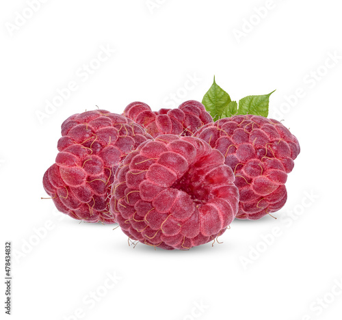 Fresh raspberry with leaves isolated on white background