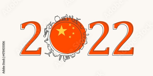 2022 year number with industrial icons around zero digit. Flag of China.