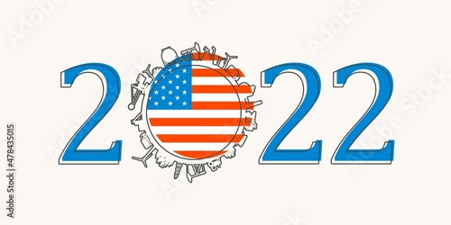 2022 year number with industrial icons around zero digit. Flag of USA.