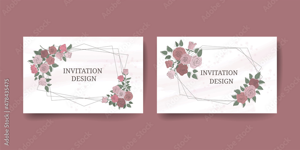 Set of horizontal templates greeting card using rose flowers. Design for wedding invitations, birthday or gift envelopes. Two templates decorative frames with floral background.