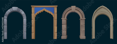 Ancient greek, roman and arabic stone arches. Vector cartoon set of old architecture elements, entrance with antique pillars and columns isolated on black background