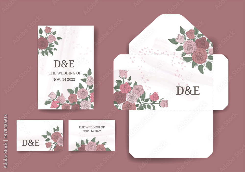 Set of floral envelope and invitation cards. Greeting cards for various holidays such as mothers day and other spring holidays. Design templates with floral background using rose colors