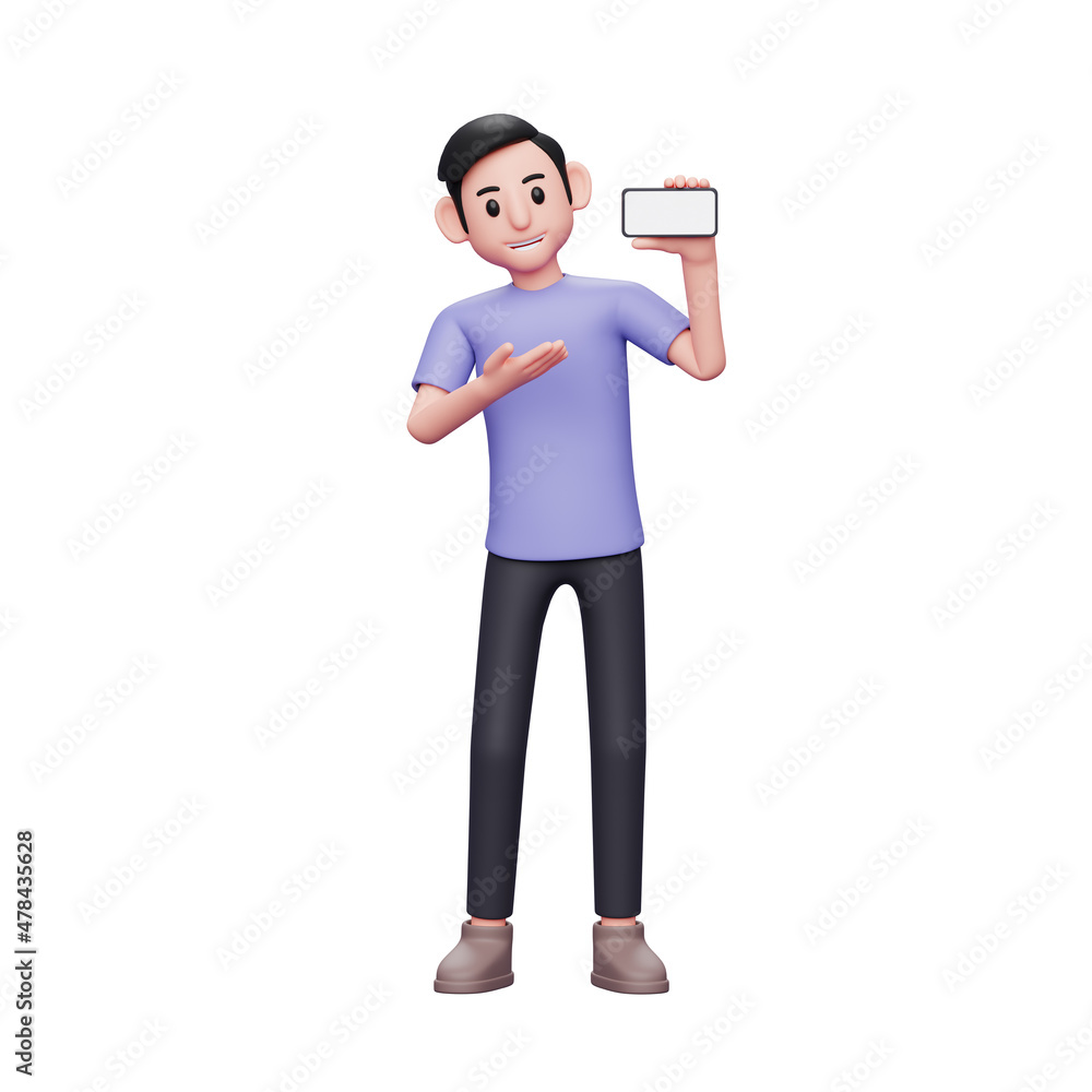 3d character illustration Casual man introduce or present something with a landscape phone screen