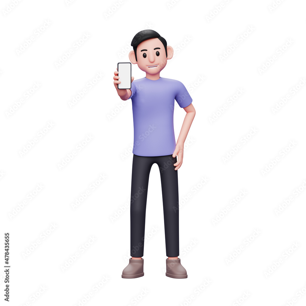 3d character illustration Confident casual man holding and showing phone screen and left hand on waist 3d character illustration Confident casual man holding and showing phone screen and left hand on waist