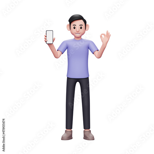 3d character illustration casual man holding blank screen mobile phone and showing ok finger