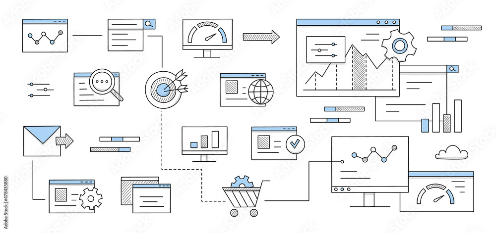 SEO, search engine optimization infographic with icons of Internet marketing, digital content analysis and management. Vector doodle illustration with shopping cart, megaphone, graphs and target SEO, search engine optimization infographic with icons of Internet marketing, digital content analysis and management. Vector doodle illustration with shopping cart, megaphone, graphs and target