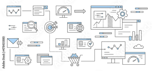 SEO, search engine optimization infographic with icons of Internet marketing, digital content analysis and management. Vector doodle illustration with shopping cart, megaphone, graphs and target