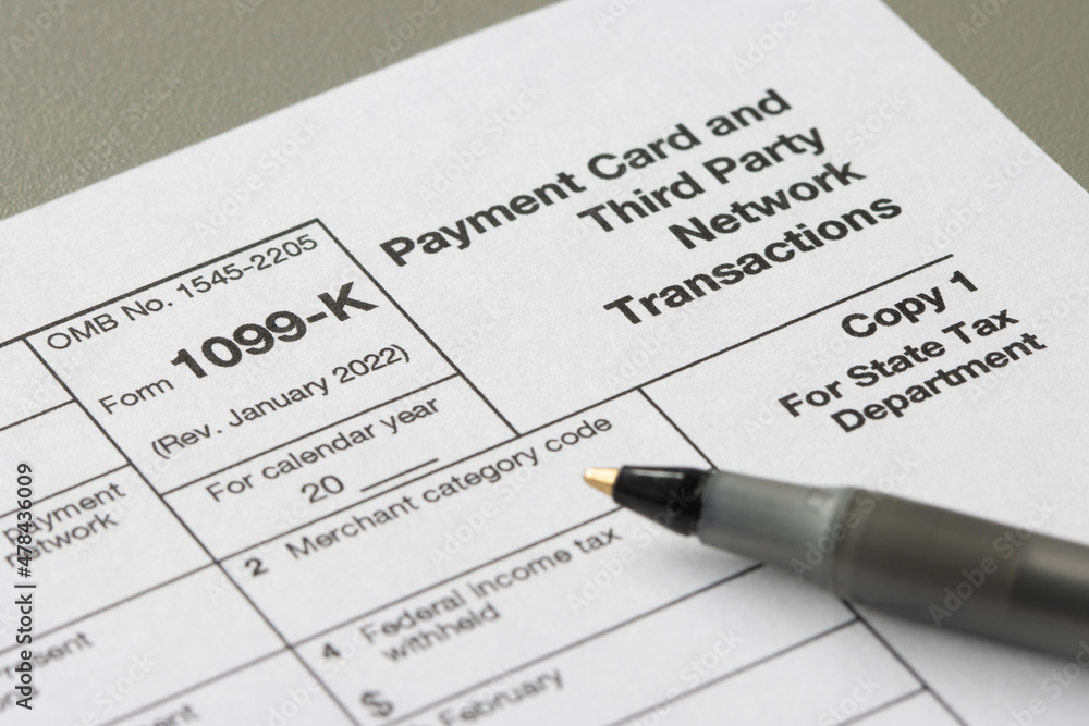 Obraz premium Closeup of Form 1099-K, Payment Card and Third Party Network Transactions, an IRS information return used to report certain payment transactions to improve voluntary tax compliance.