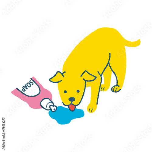 洗剤を舐める犬