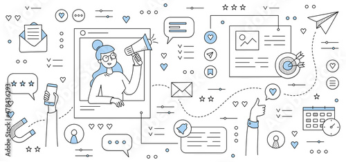 SMM, social media marketing concept with woman with megaphone and symbols of Internet advertising. Vector doodle illustration with icons of message, magnet, calendar, target, graphs and email