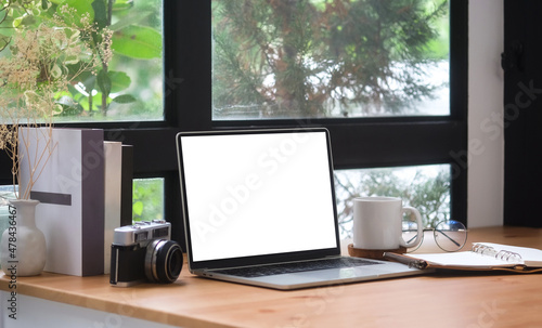 Computer laptop, coffee cup, books and houseplant on wooden table.. © wattana