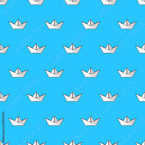 Origami Paper Ships Seamless Pattern On A Blue Background. Origami Theme Vector Illustration