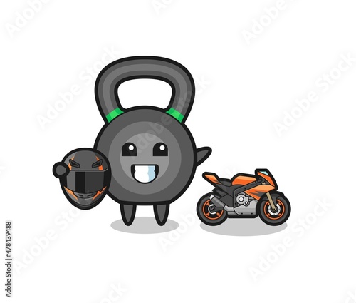 cute kettlebell cartoon as a motorcycle racer