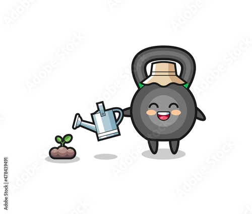 cute kettlebell is watering plant seeds