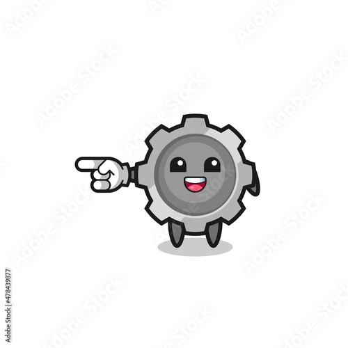gear cartoon with pointing left gesture