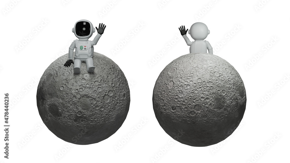3D Rendering , Astronaut , cartoon astronaut sitting on moon isolated on white background 3D Rendering , Astronaut , cartoon astronaut sitting on moon isolated on white background