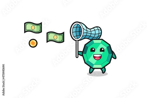 illustration of the emerald gemstone catching flying money