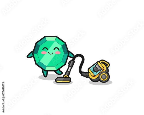 cute emerald gemstone holding vacuum cleaner illustration