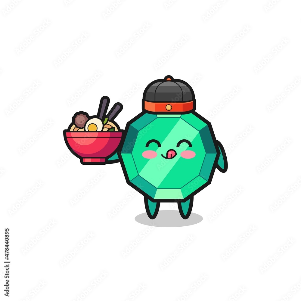 emerald gemstone as Chinese chef mascot holding a noodle bowl