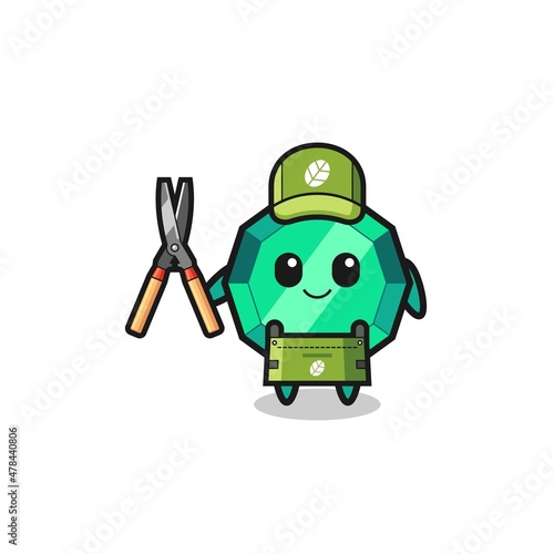 cute emerald gemstone as gardener mascot