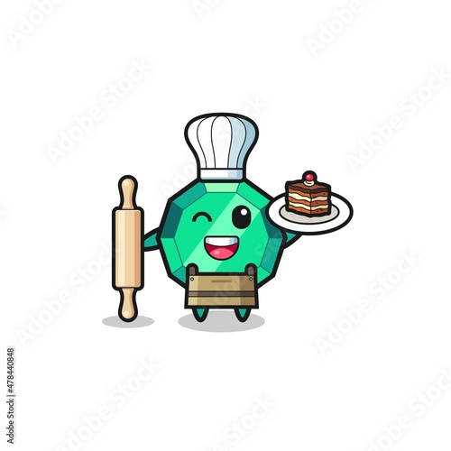 emerald gemstone as pastry chef mascot hold rolling pin