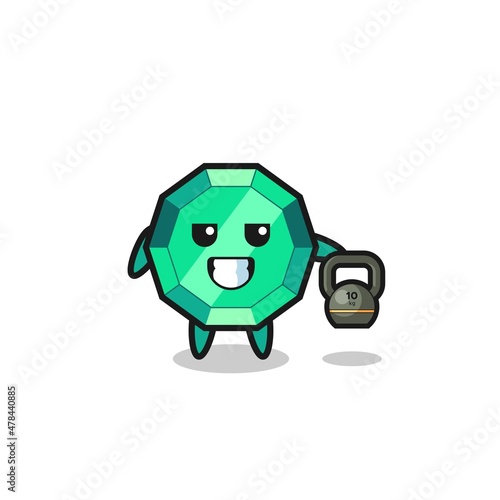 emerald gemstone mascot lifting kettlebell in the gym