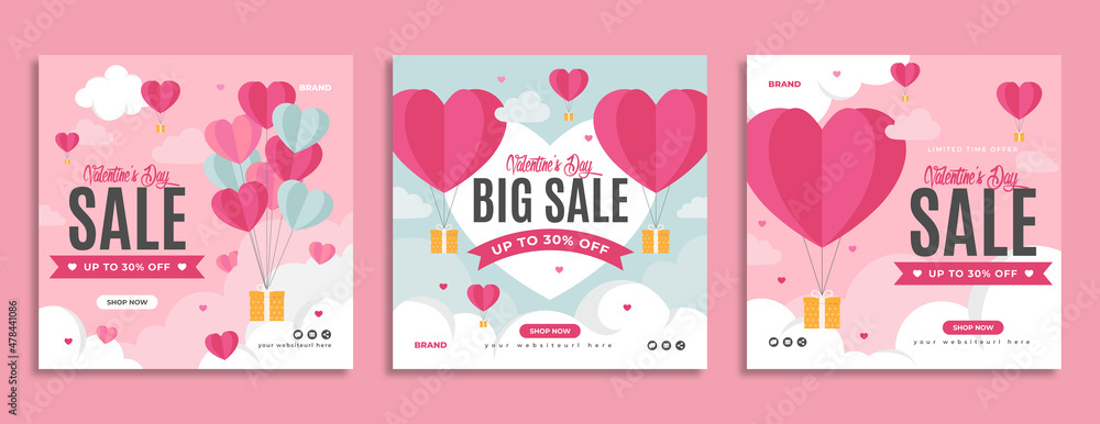 Valentine's day sale business marketing social media banner post template design with love or heart balloon, brand logo and icon. Holiday celebration promotion abstract web flyer or online poster. Valentine's day sale business marketing social media banner post template design with love or heart balloon, brand logo and icon. Holiday celebration promotion abstract web flyer or online poster.