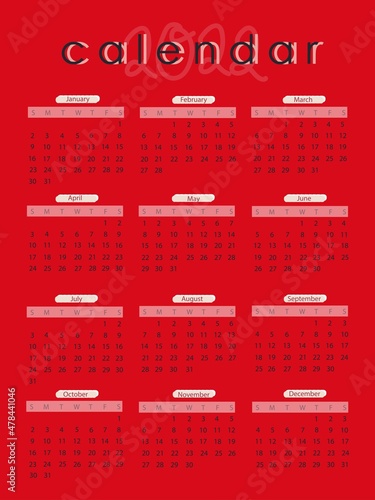 Illustration vector of 2022 calendar with calligraphy. Minimalist style and red background.