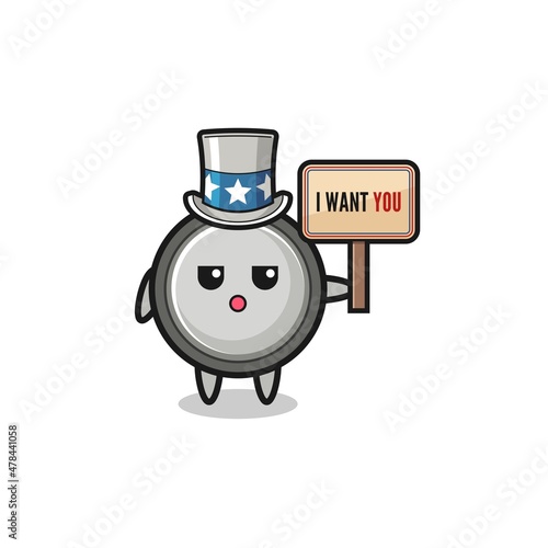 button cell cartoon as uncle Sam holding the banner I want you