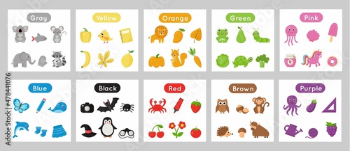 Collection of flashcards for learning colors for children. photo
