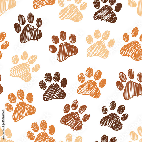 Paws scribble doodle seamless pattern. Digital Illustration Background.