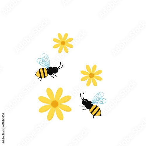 Bee cartoons and flowers vector.