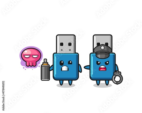 flash drive usb cartoon doing vandalism and caught by the police