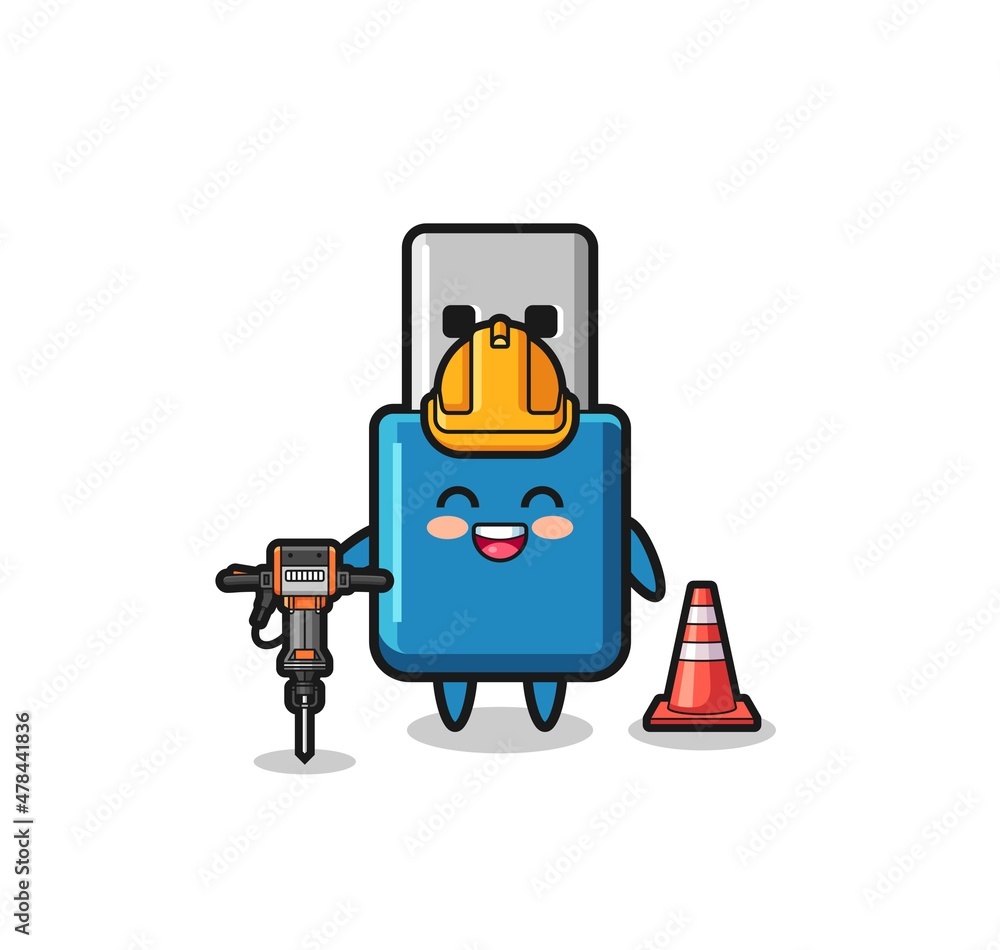 road worker mascot of flash drive usb holding drill machine road worker mascot of flash drive usb holding drill machine