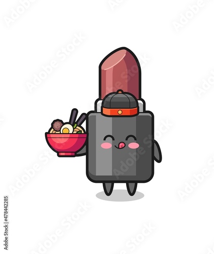 lipstick as Chinese chef mascot holding a noodle bowl