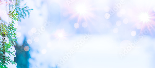 Winter beautiful defocused background with glowing  bokeh, holiday card with copy space for text, snow covered tree