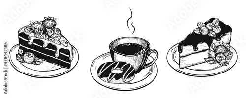 blueberry pie sketch. coffee mug with donut vector sketch. hot coffee hand drawing. chocolate cake on plates sketch. chocolate donut vector illustration. collection of sweet vector sketch. eps 10