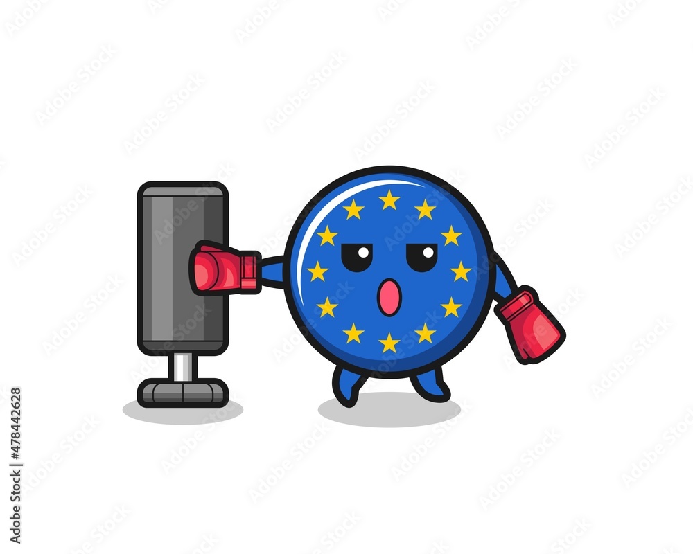euro flag boxer cartoon doing training with punching bag euro flag boxer cartoon doing training with punching bag