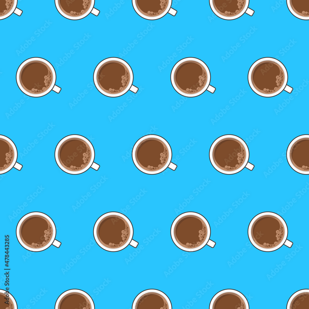 Cup Of Coffee Seamless Pattern On A Blue Background. Coffee Top View Theme Vector Illustration